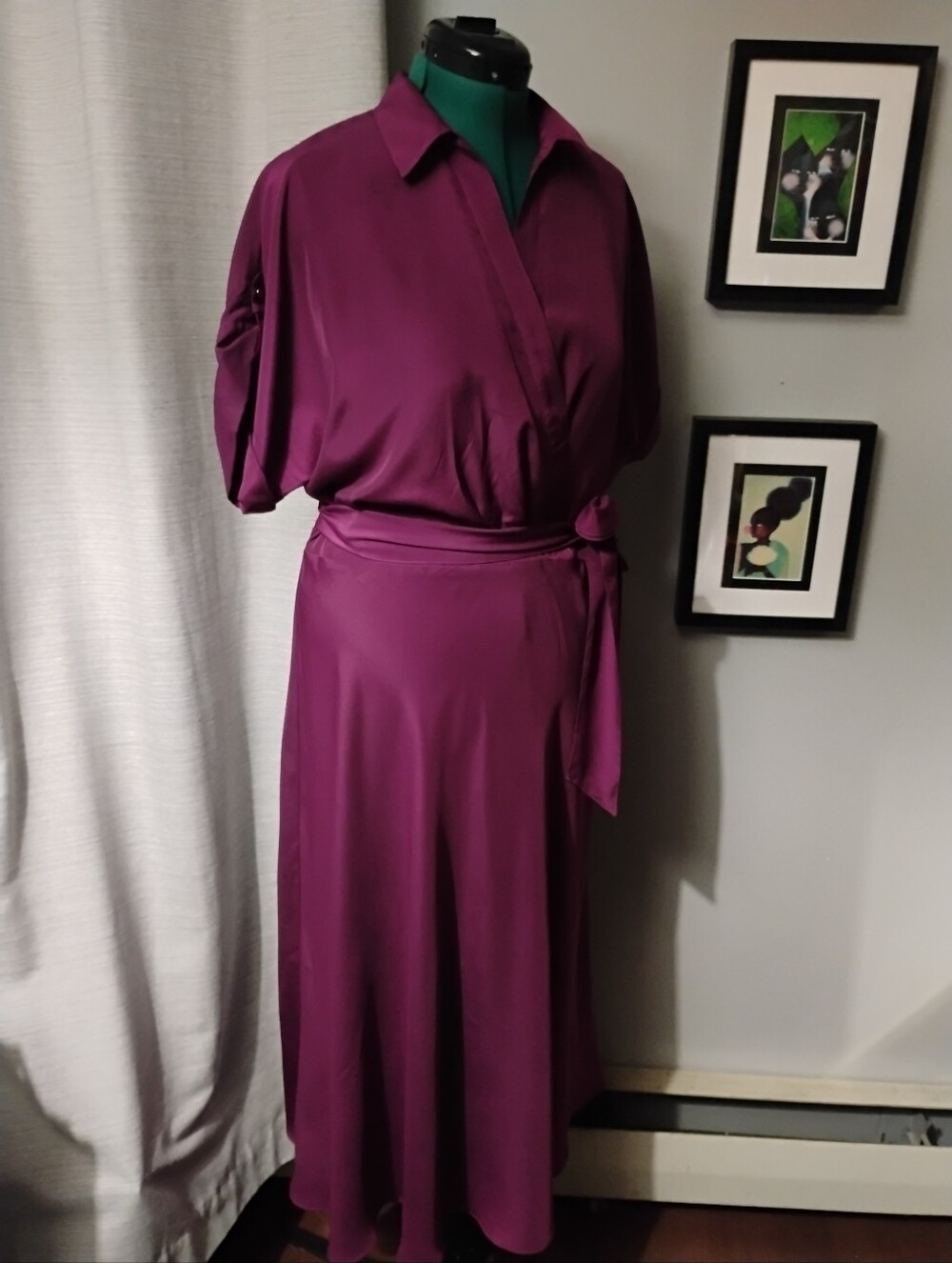 Ralph Lauren Fratillio Collared Surplice Midi Faux-Wrap Dress Magenta Sz 16 Flaw - Picture 8 of 12